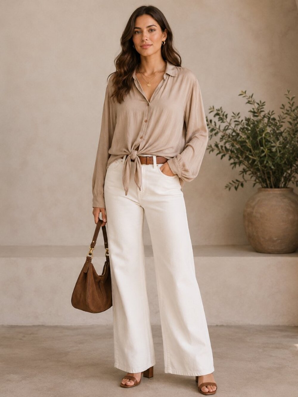 NT Made in Italy Silk Blend Blouse L Taupe Button Tie Front Boho Quiet Luxury